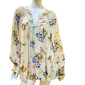 Sonoma Floral Crochet Lace Boho Striped Long Sleeve Button Down Blouse 2x to 3x